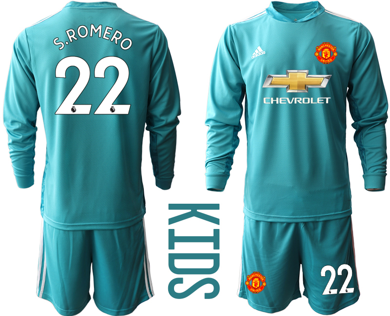Youth 2020-2021 club Manchester United blue long sleeved Goalkeeper #22 Soccer Jerseys